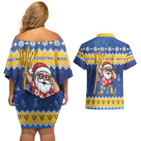 Barbados Christmas Couples Matching Off Shoulder Short Dress and Hawaiian Shirt Trident Dabbing Santa - Wonder Print Shop
