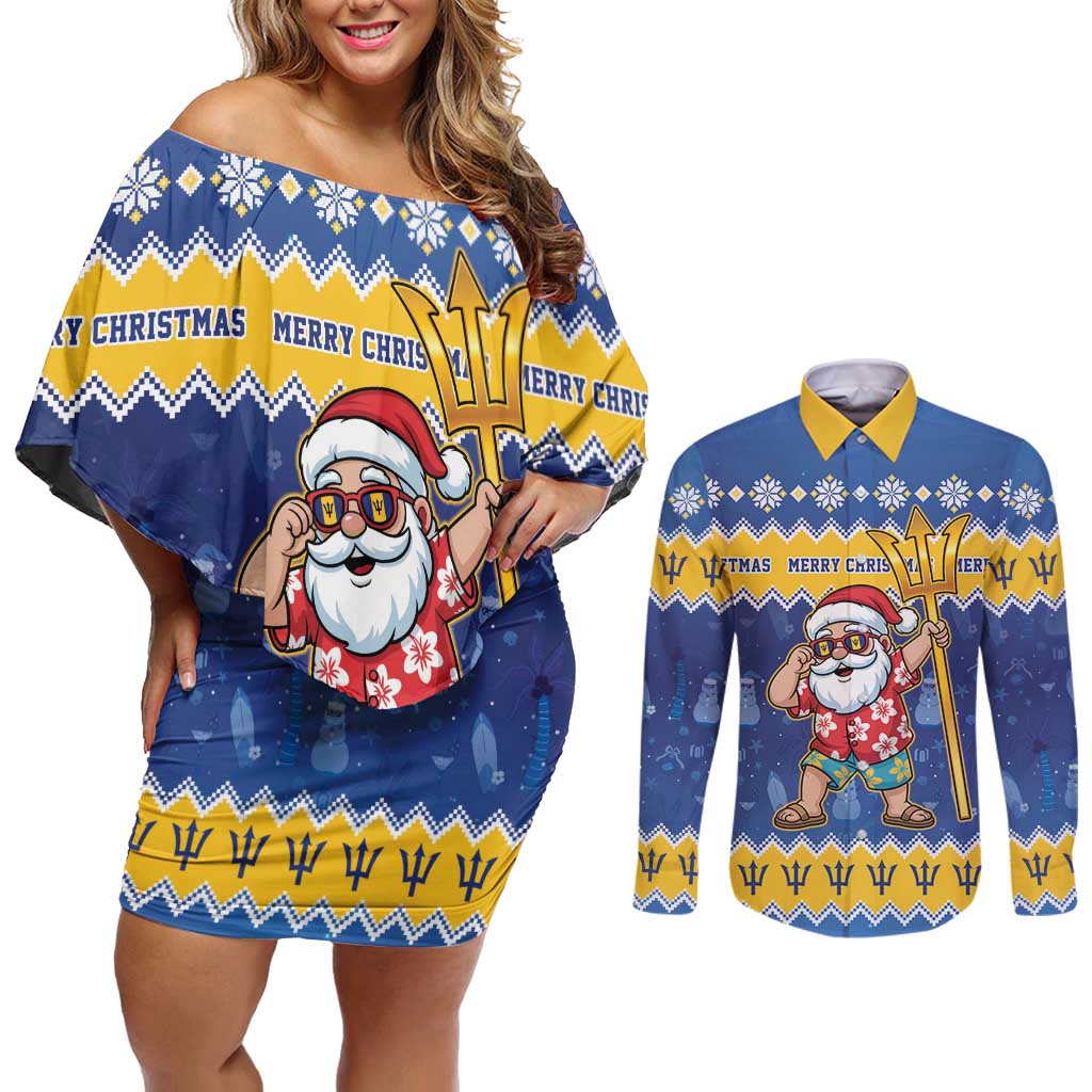 Barbados Christmas Couples Matching Off Shoulder Short Dress and Long Sleeve Button Shirt Trident Dabbing Santa - Wonder Print Shop