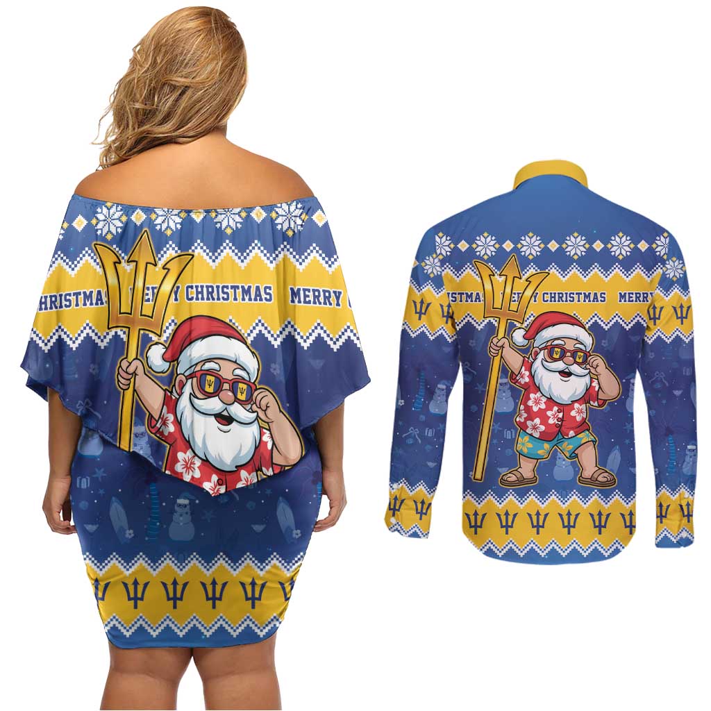 Barbados Christmas Couples Matching Off Shoulder Short Dress and Long Sleeve Button Shirt Trident Dabbing Santa - Wonder Print Shop