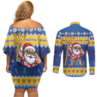Barbados Christmas Couples Matching Off Shoulder Short Dress and Long Sleeve Button Shirt Trident Dabbing Santa - Wonder Print Shop