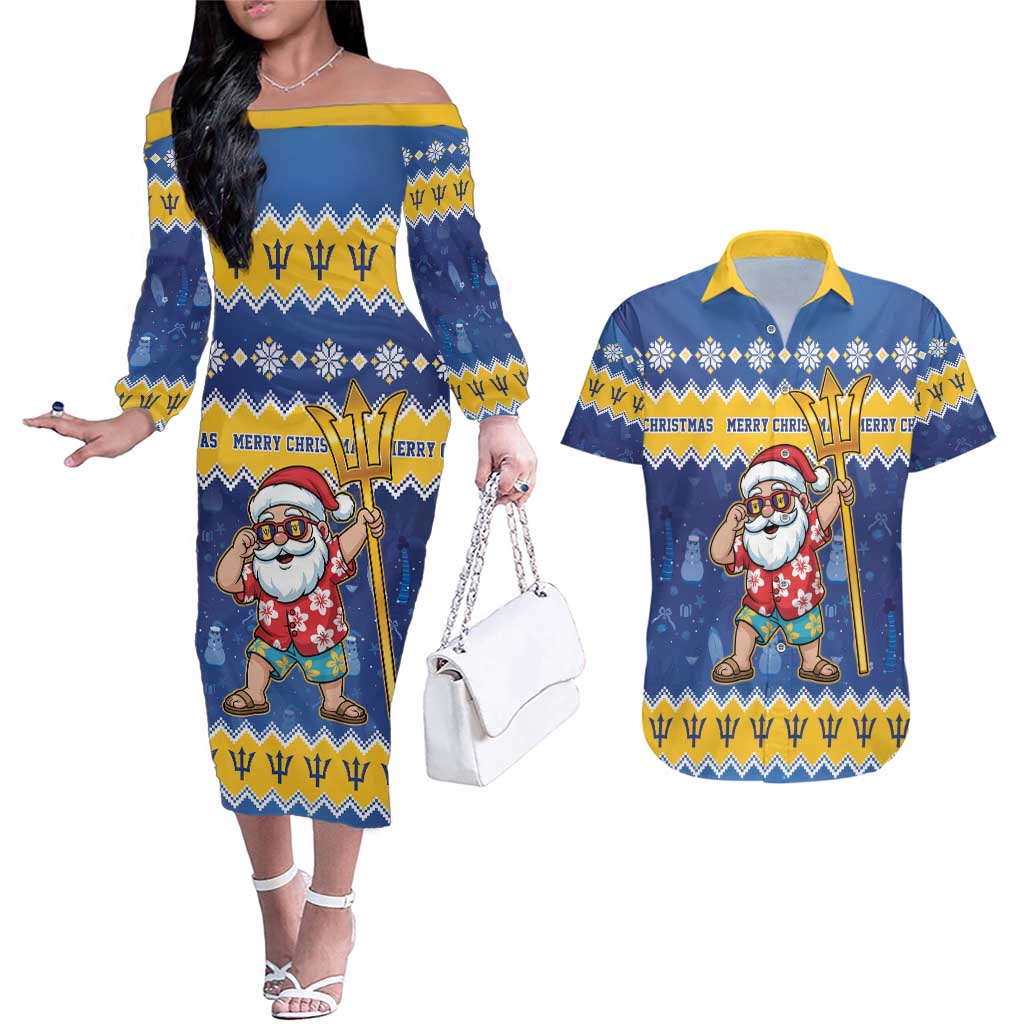 Barbados Christmas Couples Matching Off The Shoulder Long Sleeve Dress and Hawaiian Shirt Trident Dabbing Santa - Wonder Print Shop