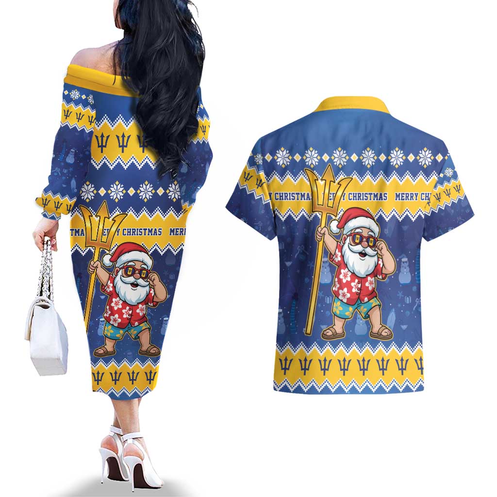 Barbados Christmas Couples Matching Off The Shoulder Long Sleeve Dress and Hawaiian Shirt Trident Dabbing Santa - Wonder Print Shop