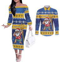 Barbados Christmas Couples Matching Off The Shoulder Long Sleeve Dress and Long Sleeve Button Shirt Trident Dabbing Santa - Wonder Print Shop