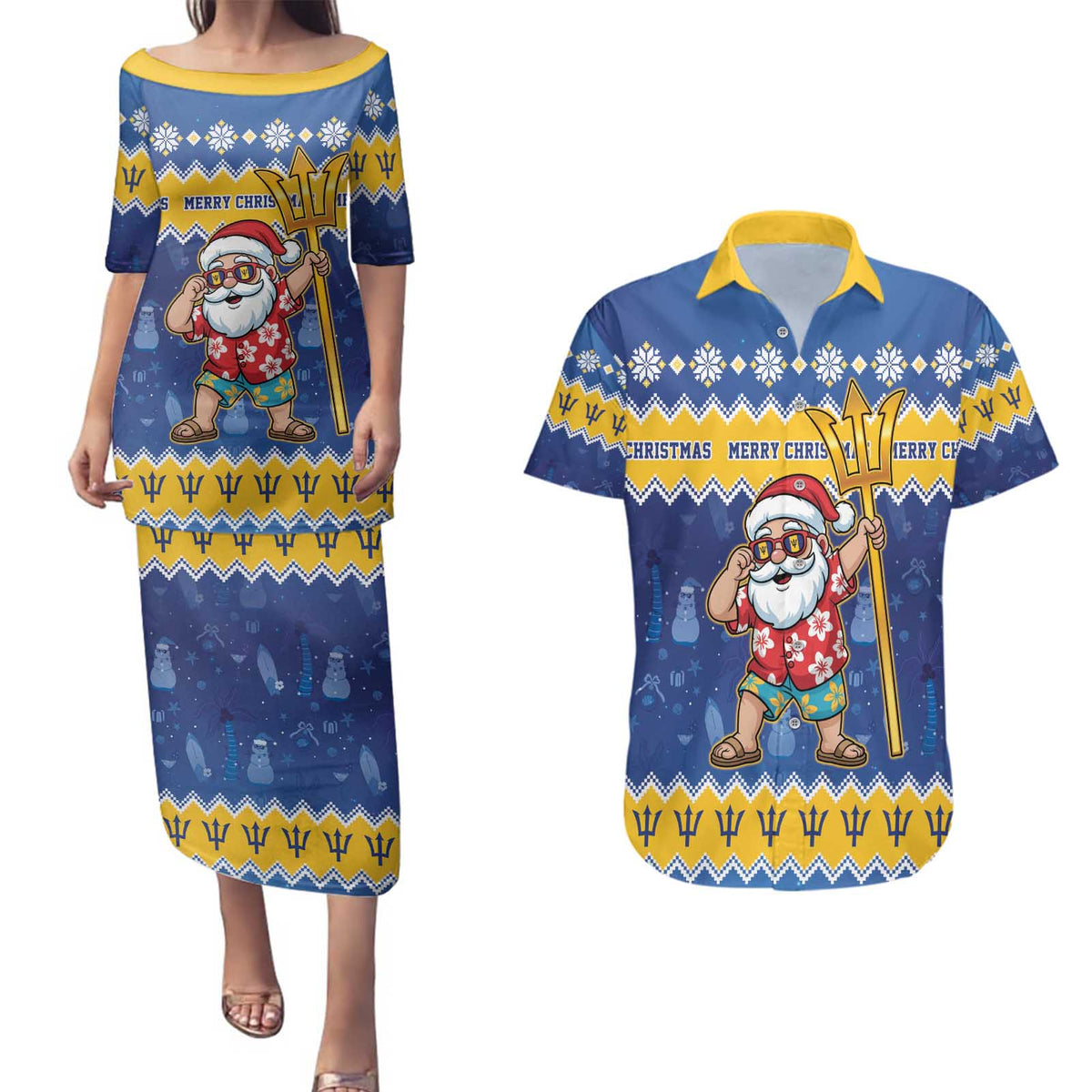 Barbados Christmas Couples Matching Puletasi and Hawaiian Shirt Trident Dabbing Santa - Wonder Print Shop