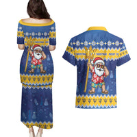 Barbados Christmas Couples Matching Puletasi and Hawaiian Shirt Trident Dabbing Santa - Wonder Print Shop