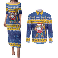Barbados Christmas Couples Matching Puletasi and Long Sleeve Button Shirt Trident Dabbing Santa - Wonder Print Shop