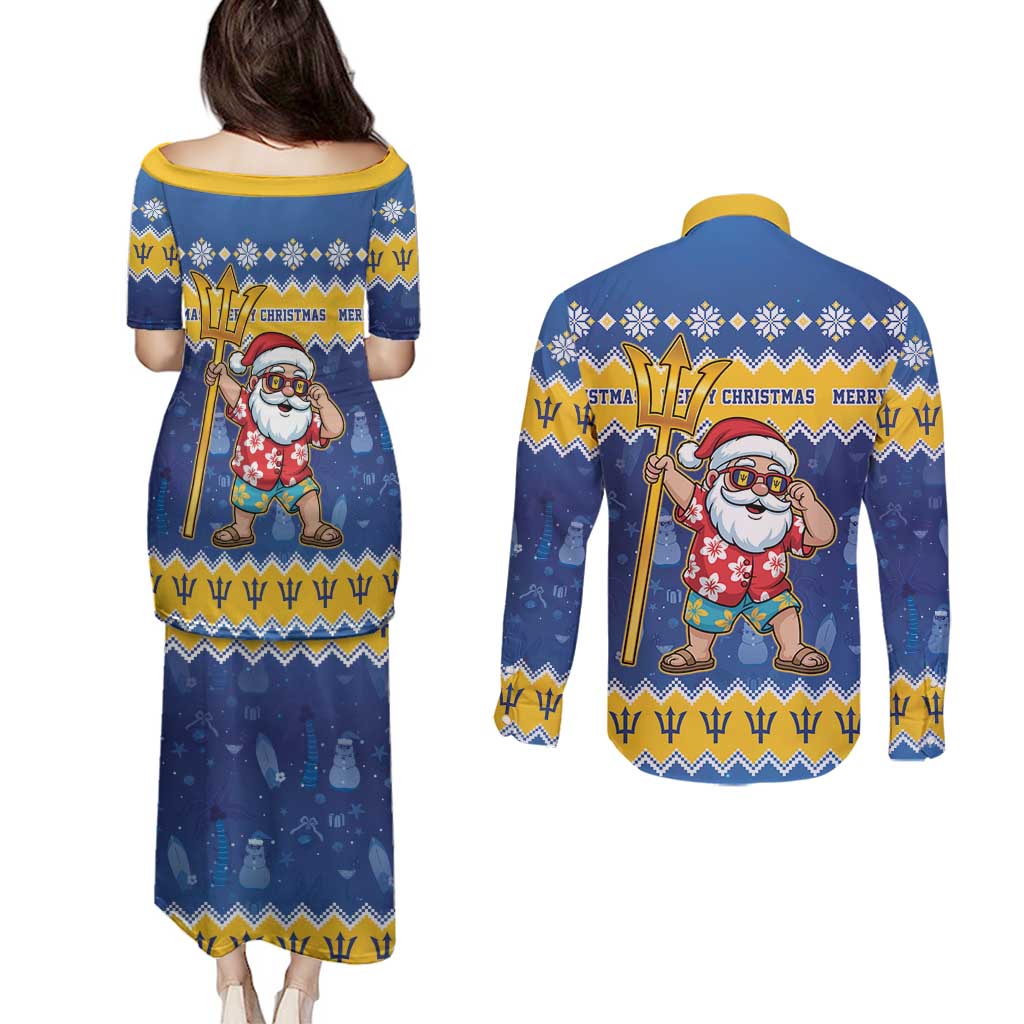 Barbados Christmas Couples Matching Puletasi and Long Sleeve Button Shirt Trident Dabbing Santa - Wonder Print Shop