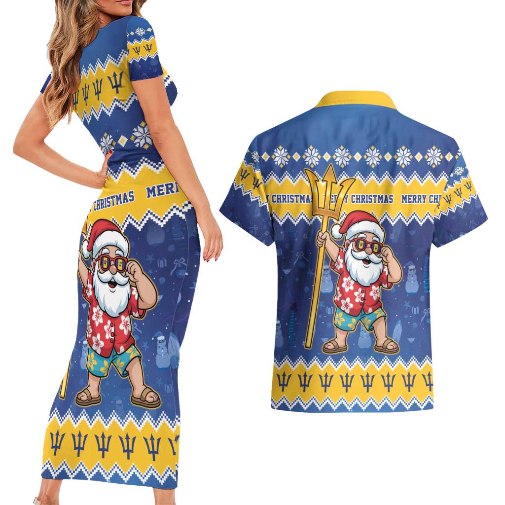 Barbados Christmas Couples Matching Short Sleeve Bodycon Dress and Hawaiian Shirt Trident Dabbing Santa - Wonder Print Shop