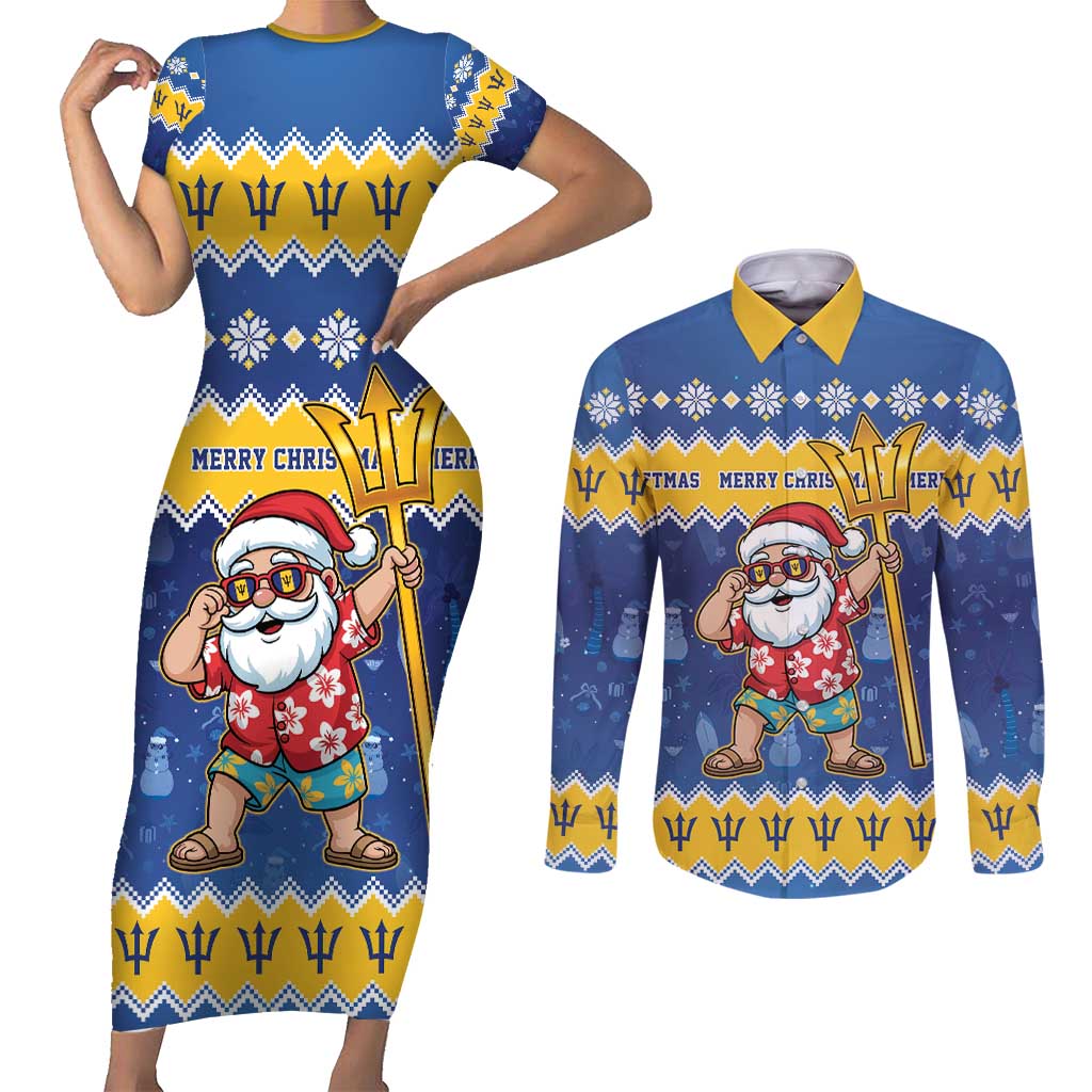 Barbados Christmas Couples Matching Short Sleeve Bodycon Dress and Long Sleeve Button Shirt Trident Dabbing Santa - Wonder Print Shop