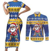 Barbados Christmas Couples Matching Short Sleeve Bodycon Dress and Long Sleeve Button Shirt Trident Dabbing Santa - Wonder Print Shop