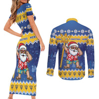 Barbados Christmas Couples Matching Short Sleeve Bodycon Dress and Long Sleeve Button Shirt Trident Dabbing Santa - Wonder Print Shop