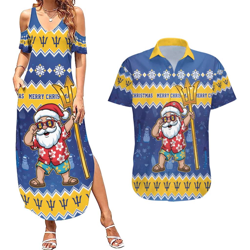 Barbados Christmas Couples Matching Summer Maxi Dress and Hawaiian Shirt Trident Dabbing Santa - Wonder Print Shop
