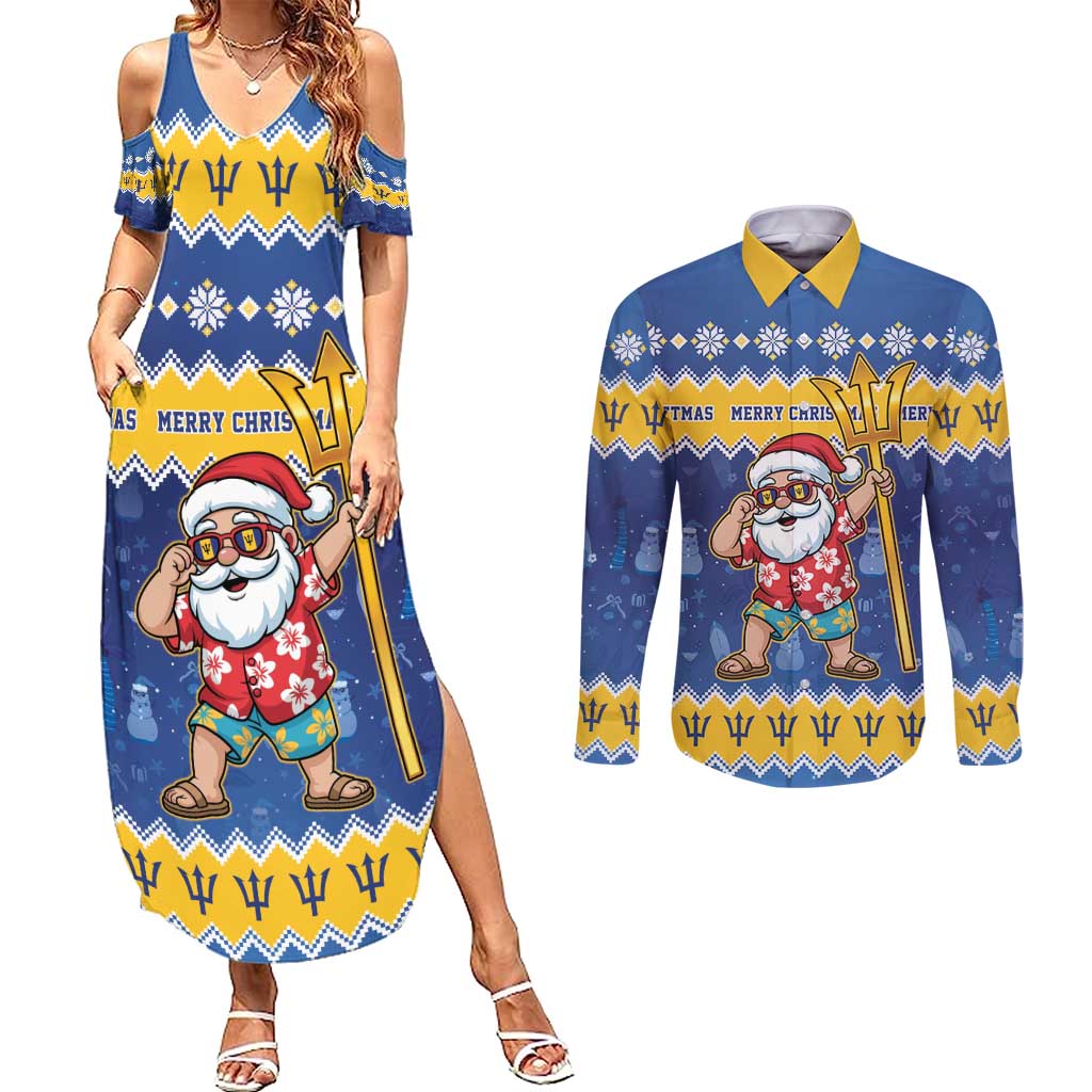 Barbados Christmas Couples Matching Summer Maxi Dress and Long Sleeve Button Shirt Trident Dabbing Santa - Wonder Print Shop