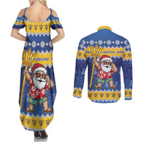 Barbados Christmas Couples Matching Summer Maxi Dress and Long Sleeve Button Shirt Trident Dabbing Santa - Wonder Print Shop