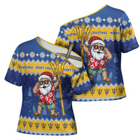 Barbados Christmas Cross Shoulder Shirt Trident Dabbing Santa - Wonder Print Shop