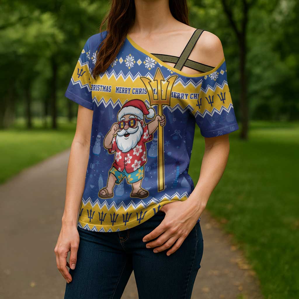 Barbados Christmas Cross Shoulder Shirt Trident Dabbing Santa - Wonder Print Shop