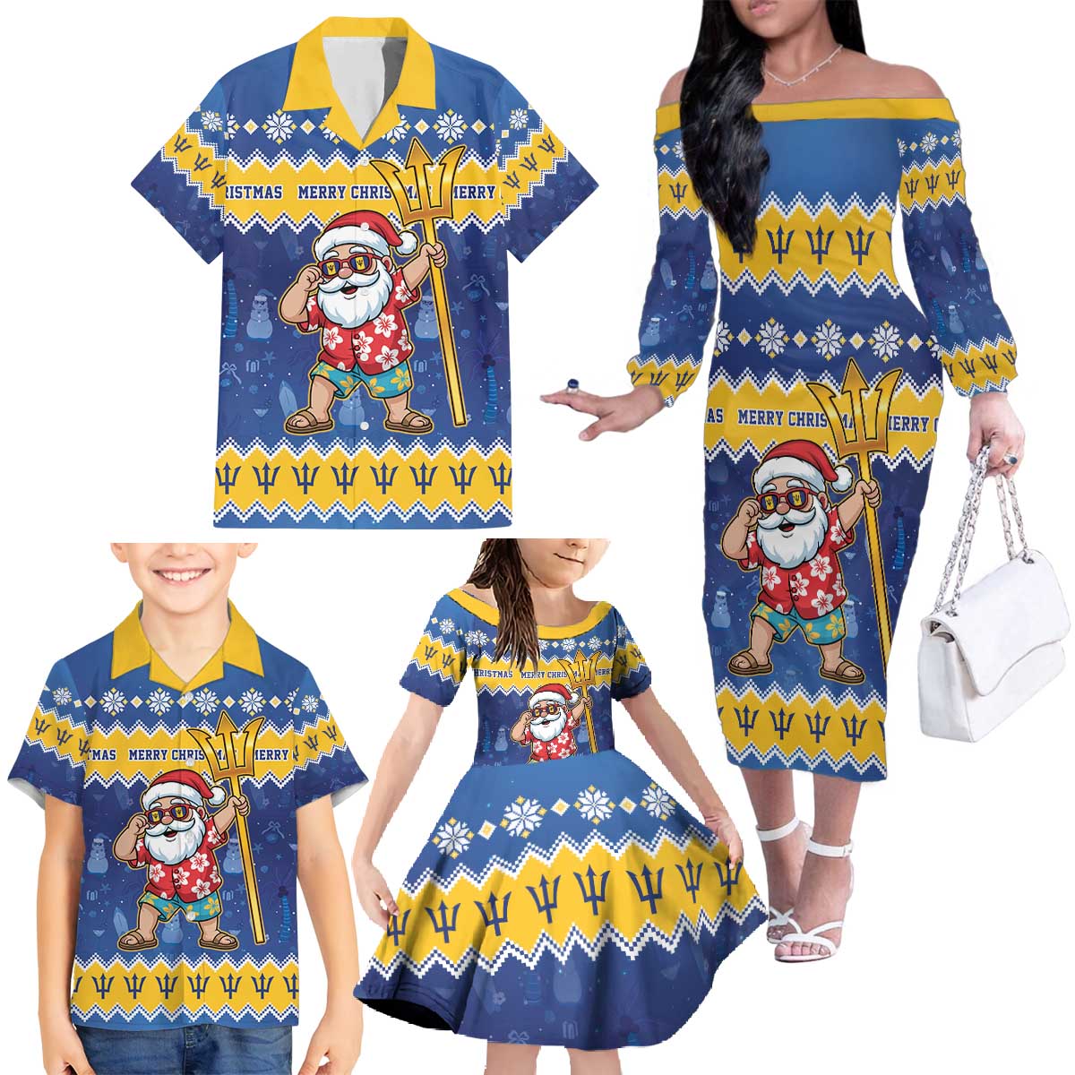 Barbados Christmas Family Matching Off The Shoulder Long Sleeve Dress and Hawaiian Shirt Trident Dabbing Santa - Wonder Print Shop