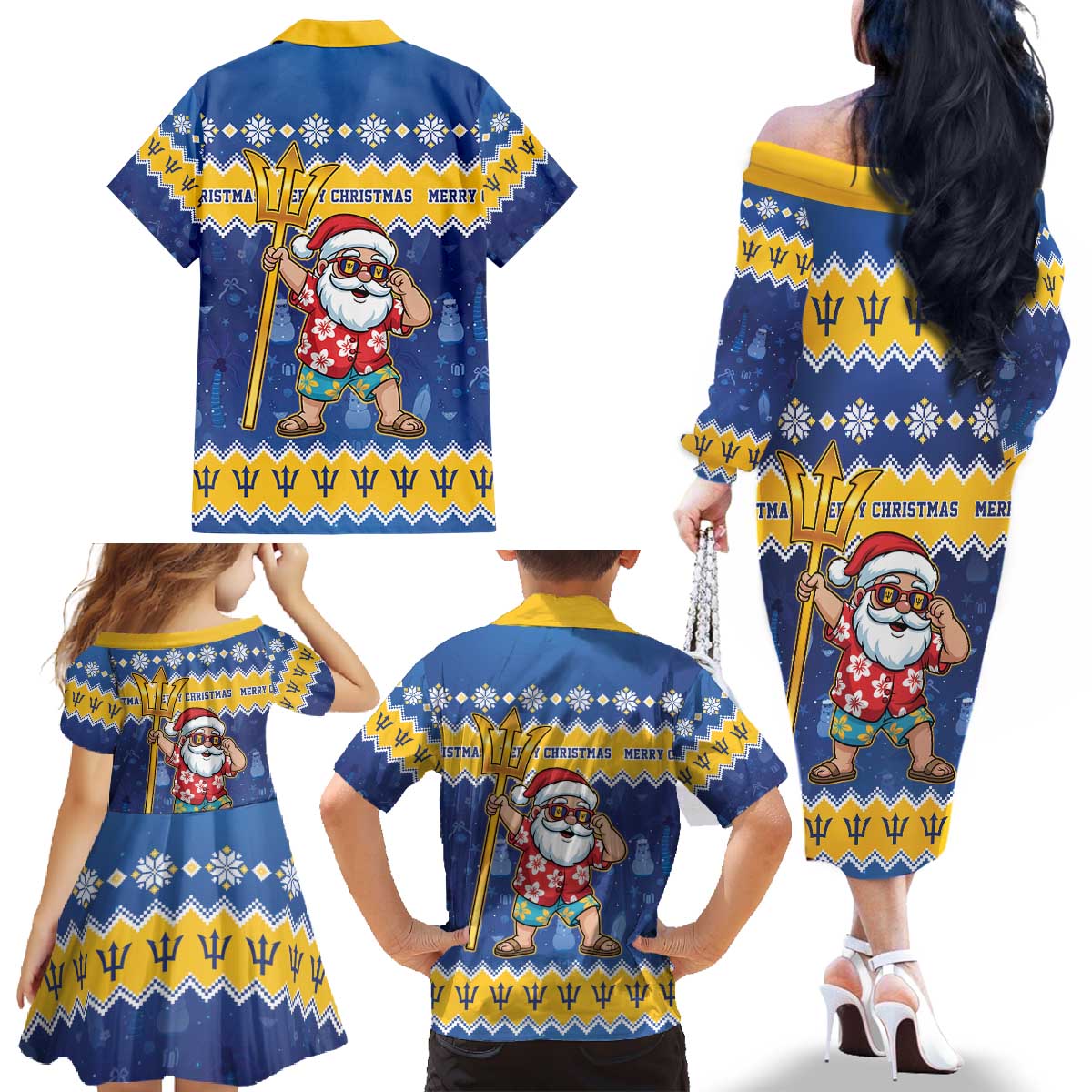 Barbados Christmas Family Matching Off The Shoulder Long Sleeve Dress and Hawaiian Shirt Trident Dabbing Santa - Wonder Print Shop