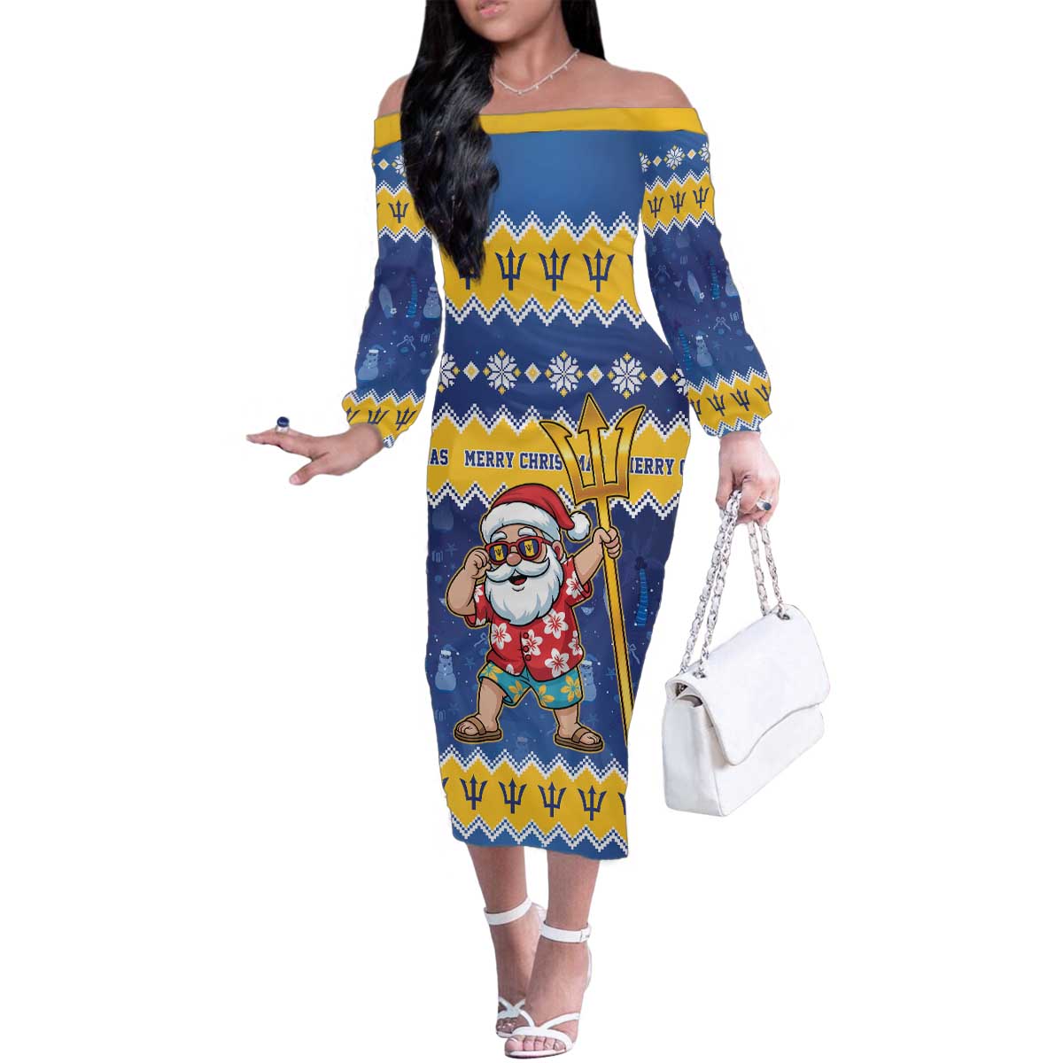 Barbados Christmas Family Matching Off The Shoulder Long Sleeve Dress and Hawaiian Shirt Trident Dabbing Santa - Wonder Print Shop