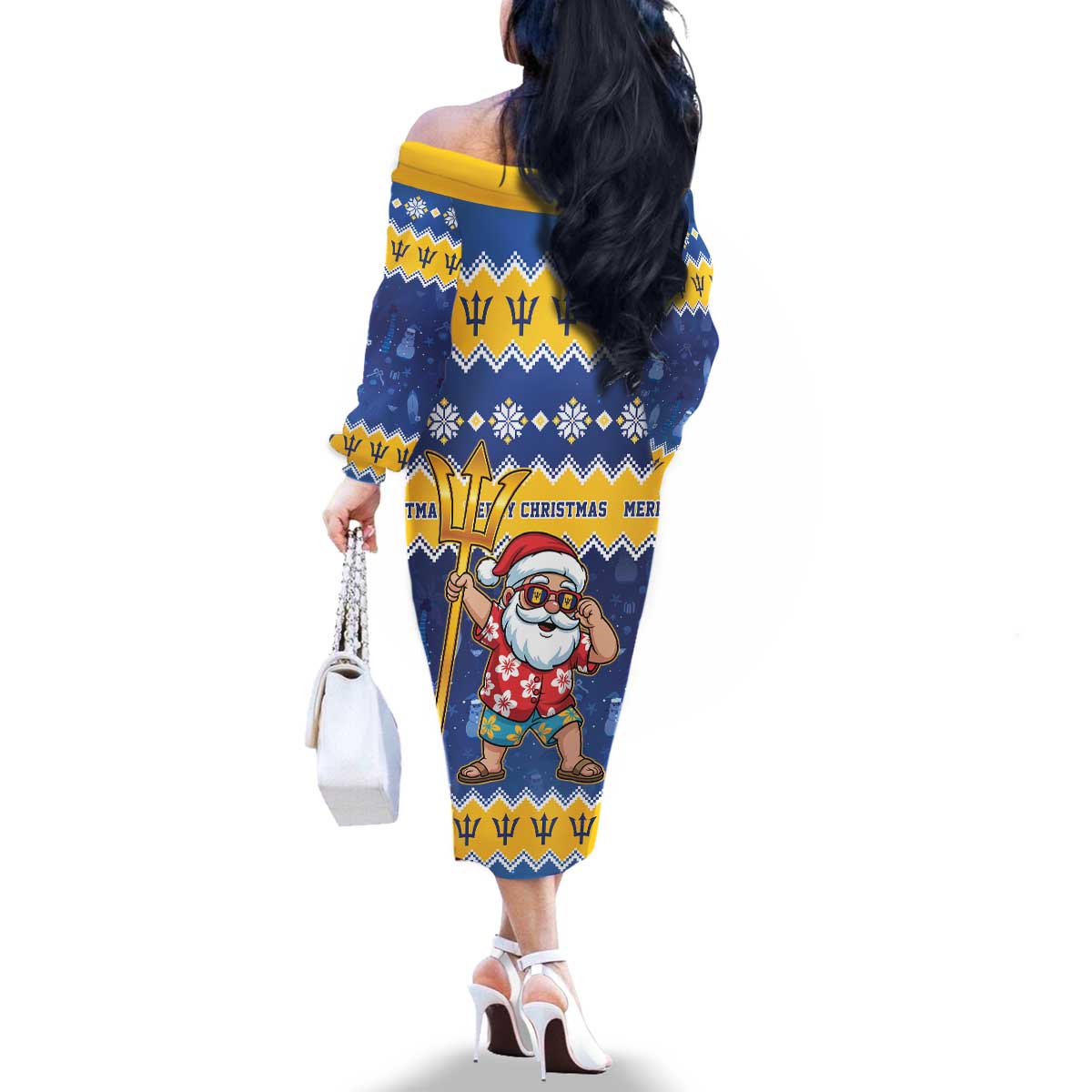 Barbados Christmas Family Matching Off The Shoulder Long Sleeve Dress and Hawaiian Shirt Trident Dabbing Santa - Wonder Print Shop