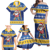 Barbados Christmas Family Matching Off Shoulder Maxi Dress and Hawaiian Shirt Trident Dabbing Santa - Wonder Print Shop
