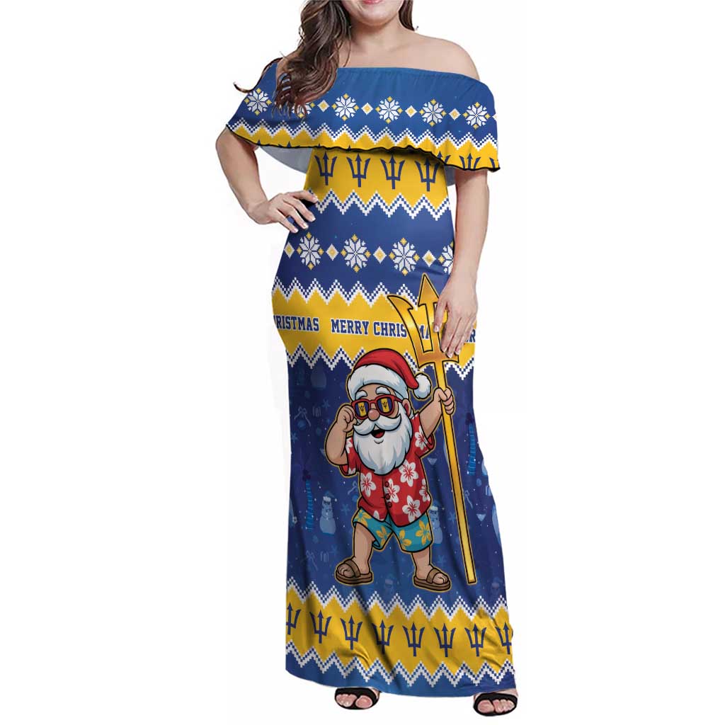 Barbados Christmas Family Matching Off Shoulder Maxi Dress and Hawaiian Shirt Trident Dabbing Santa - Wonder Print Shop