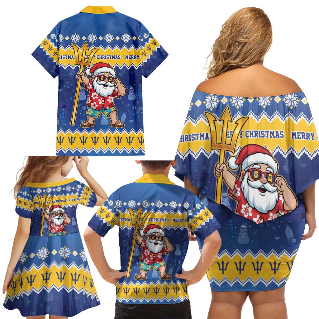 Barbados Christmas Family Matching Off Shoulder Short Dress and Hawaiian Shirt Trident Dabbing Santa - Wonder Print Shop