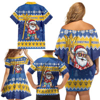 Barbados Christmas Family Matching Off Shoulder Short Dress and Hawaiian Shirt Trident Dabbing Santa - Wonder Print Shop
