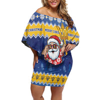 Barbados Christmas Family Matching Off Shoulder Short Dress and Hawaiian Shirt Trident Dabbing Santa - Wonder Print Shop