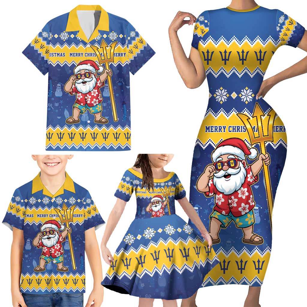 Barbados Christmas Family Matching Short Sleeve Bodycon Dress and Hawaiian Shirt Trident Dabbing Santa - Wonder Print Shop
