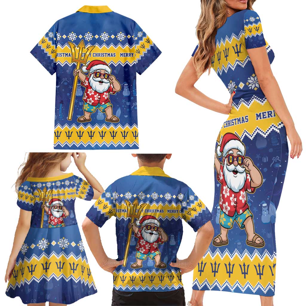 Barbados Christmas Family Matching Short Sleeve Bodycon Dress and Hawaiian Shirt Trident Dabbing Santa - Wonder Print Shop