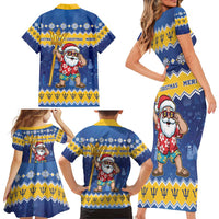 Barbados Christmas Family Matching Short Sleeve Bodycon Dress and Hawaiian Shirt Trident Dabbing Santa - Wonder Print Shop