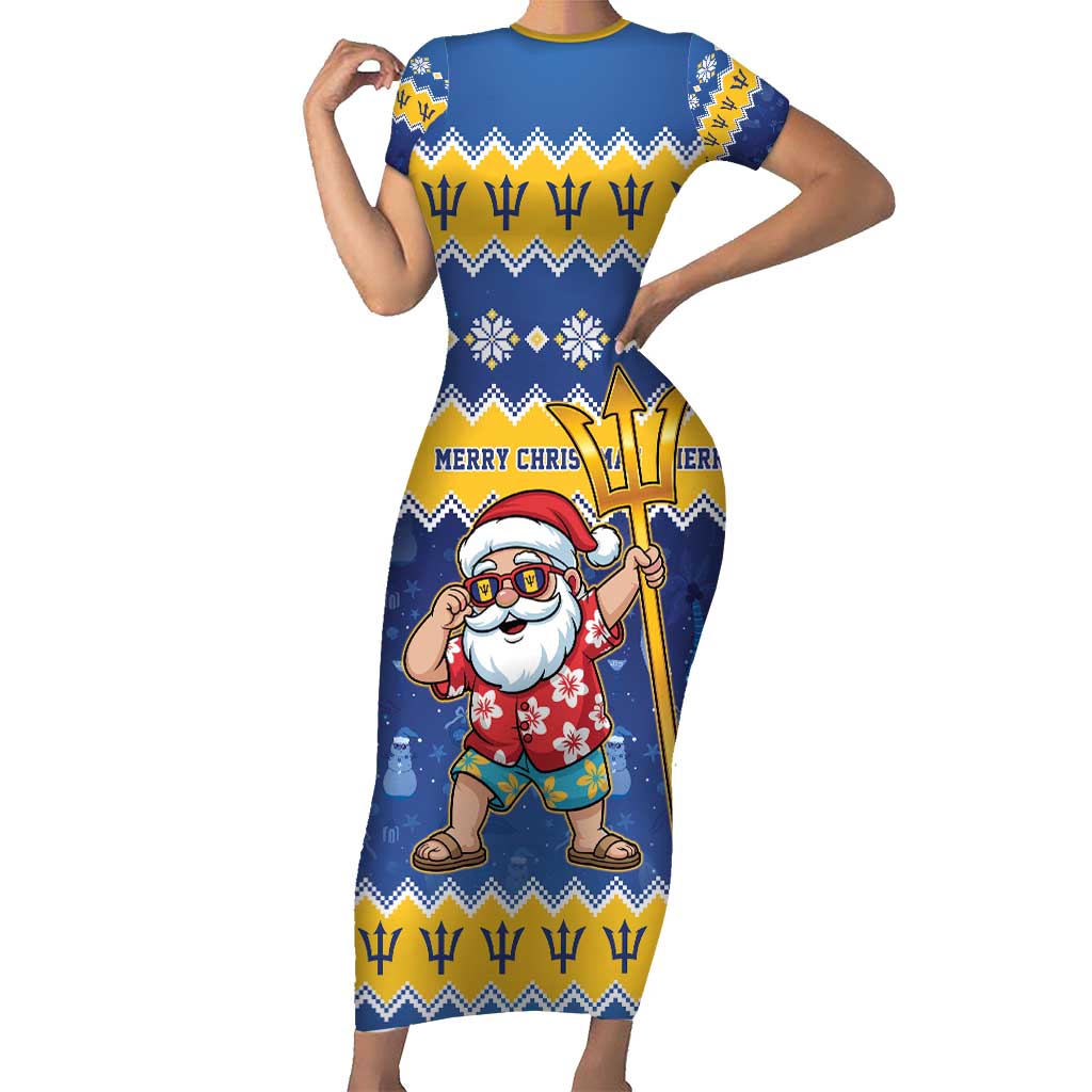 Barbados Christmas Family Matching Short Sleeve Bodycon Dress and Hawaiian Shirt Trident Dabbing Santa - Wonder Print Shop