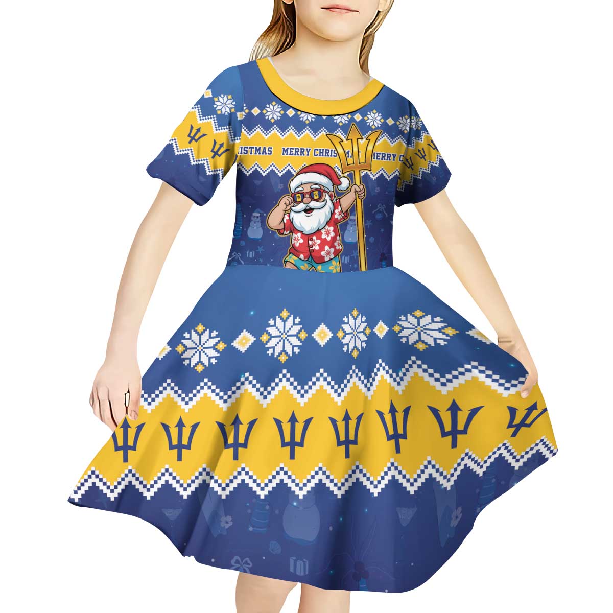 Barbados Christmas Kid Short Sleeve Dress Trident Dabbing Santa - Wonder Print Shop