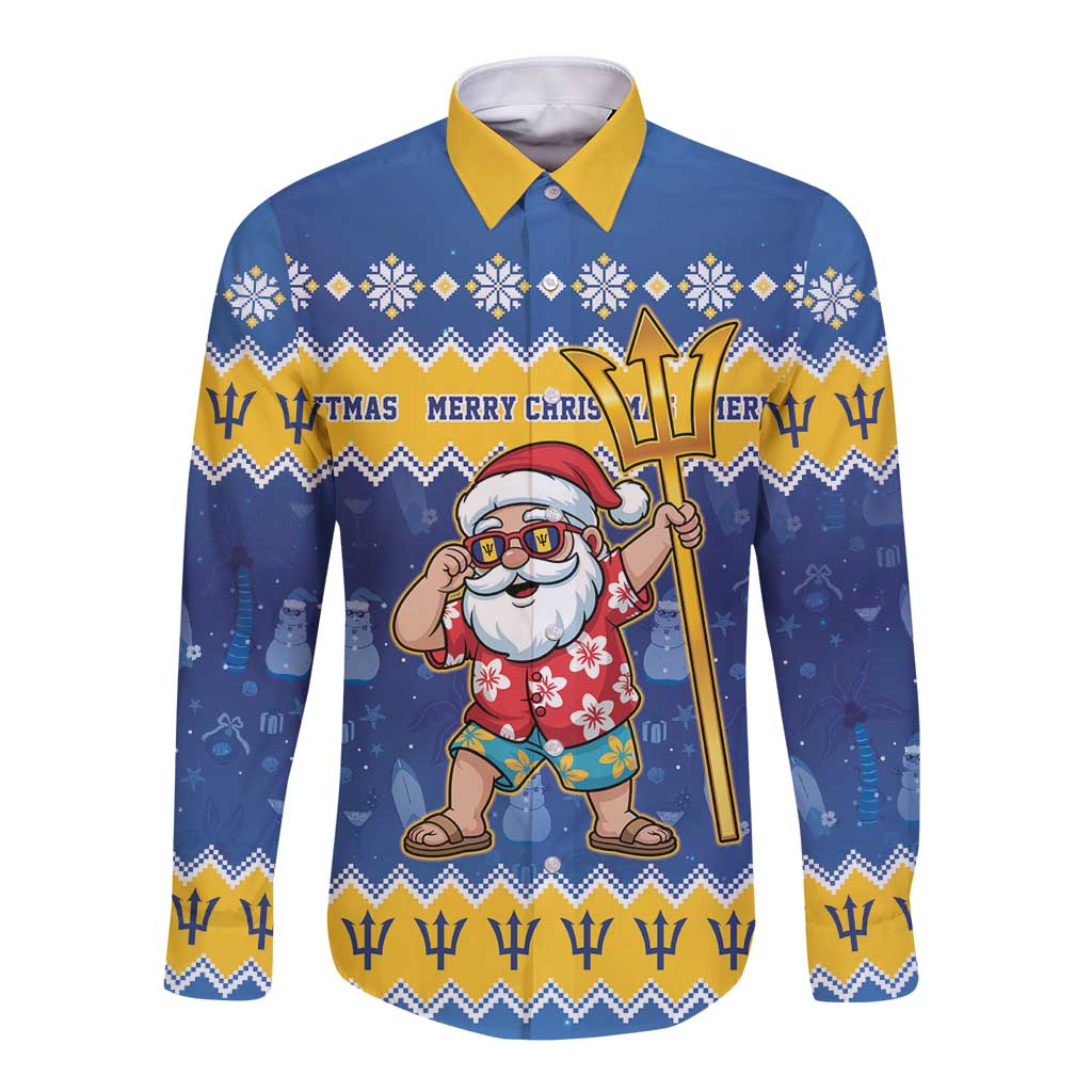 Barbados Christmas Long Sleeve Button Shirt Trident Dabbing Santa - Wonder Print Shop