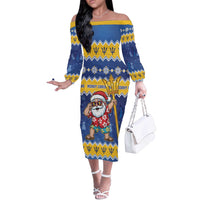 Barbados Christmas Off The Shoulder Long Sleeve Dress Trident Dabbing Santa - Wonder Print Shop