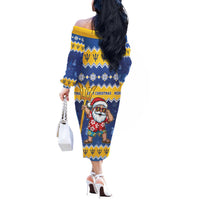 Barbados Christmas Off The Shoulder Long Sleeve Dress Trident Dabbing Santa - Wonder Print Shop