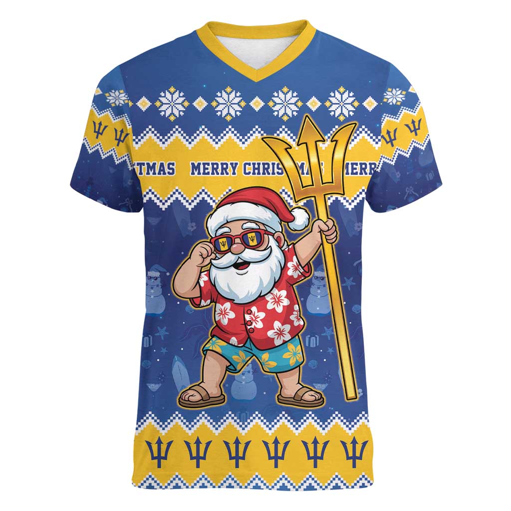 Barbados Christmas Women V-Neck T-Shirt Trident Dabbing Santa - Wonder Print Shop