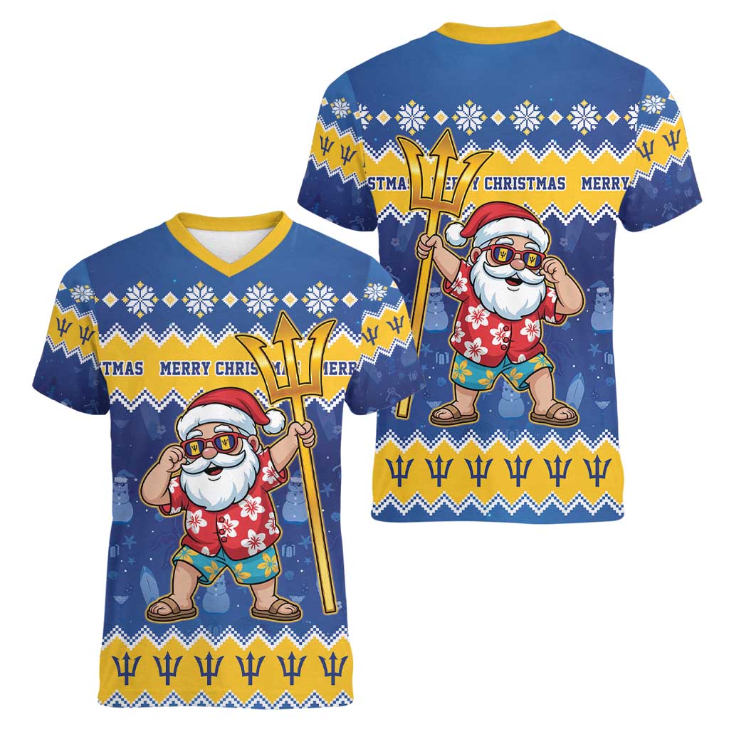 Barbados Christmas Women V-Neck T-Shirt Trident Dabbing Santa - Wonder Print Shop