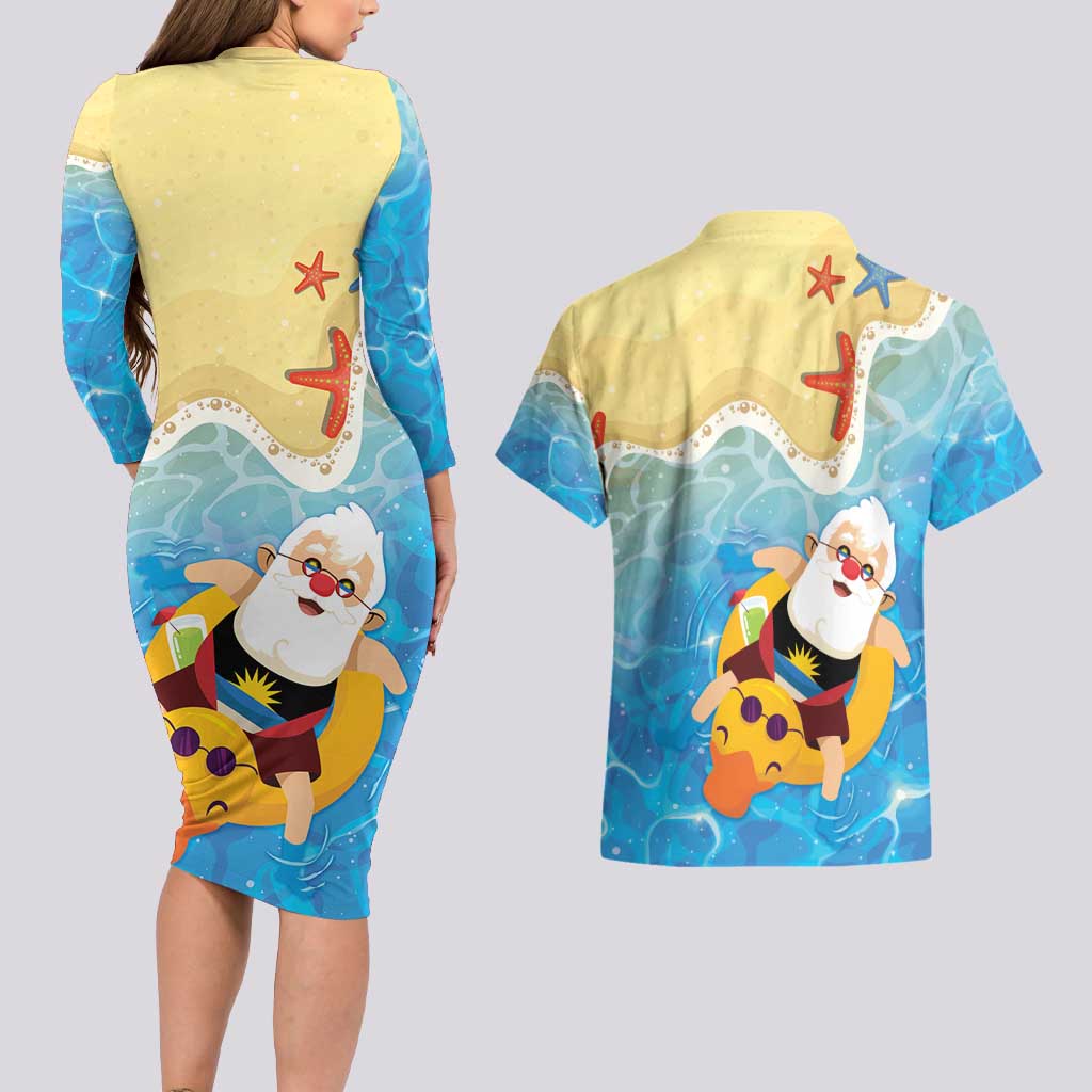 Antigua and Barbuda Christmas Couples Matching Long Sleeve Bodycon Dress and Hawaiian Shirt Chilling Santa - Wonder Print Shop