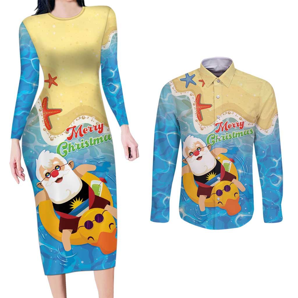 Antigua and Barbuda Christmas Couples Matching Long Sleeve Bodycon Dress and Long Sleeve Button Shirt Chilling Santa - Wonder Print Shop
