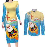 Antigua and Barbuda Christmas Couples Matching Long Sleeve Bodycon Dress and Long Sleeve Button Shirt Chilling Santa - Wonder Print Shop