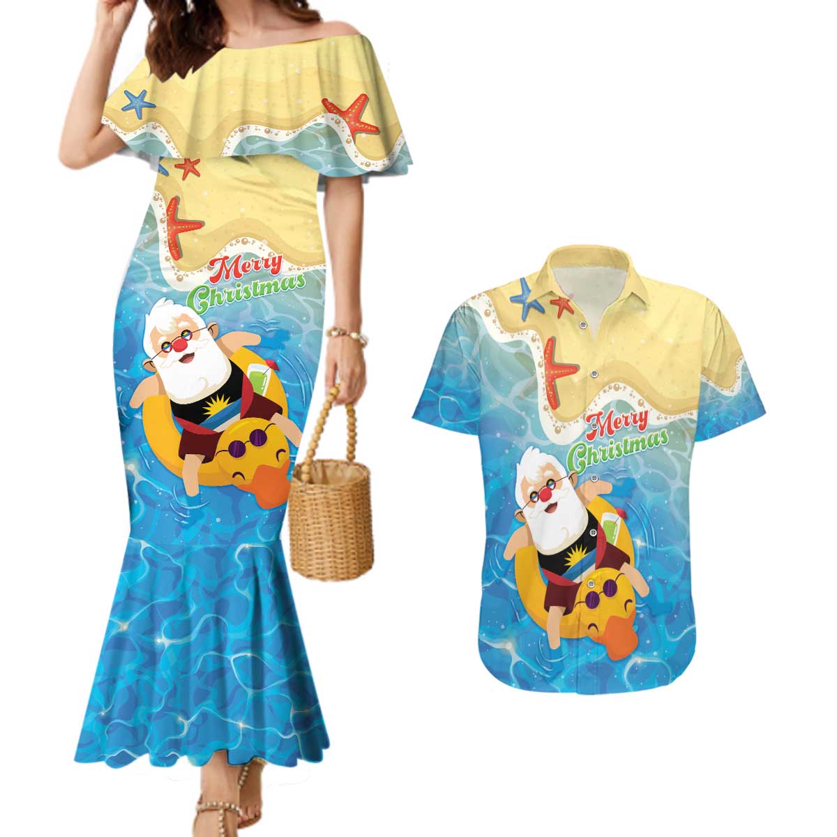 Antigua and Barbuda Christmas Couples Matching Mermaid Dress and Hawaiian Shirt Chilling Santa - Wonder Print Shop