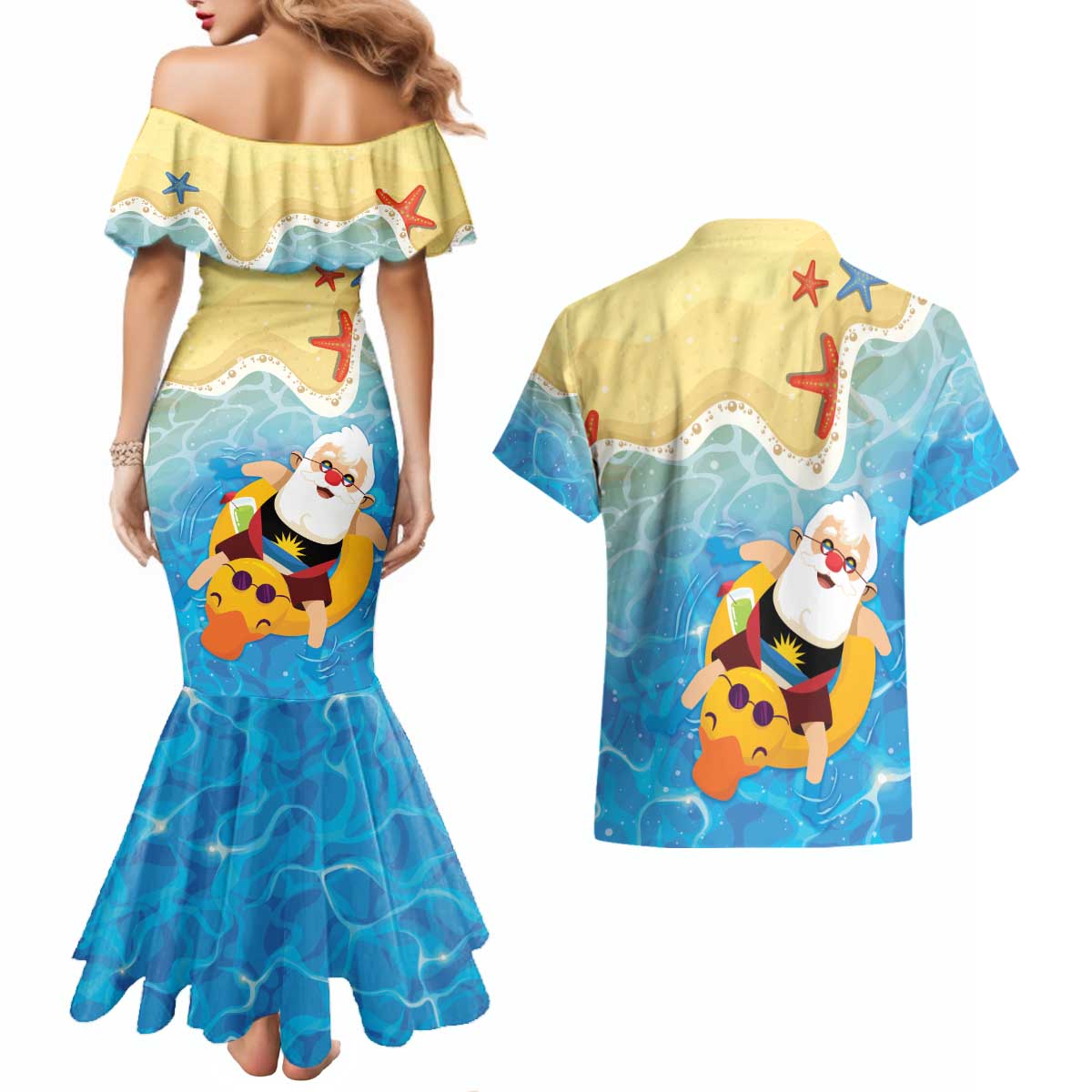 Antigua and Barbuda Christmas Couples Matching Mermaid Dress and Hawaiian Shirt Chilling Santa - Wonder Print Shop