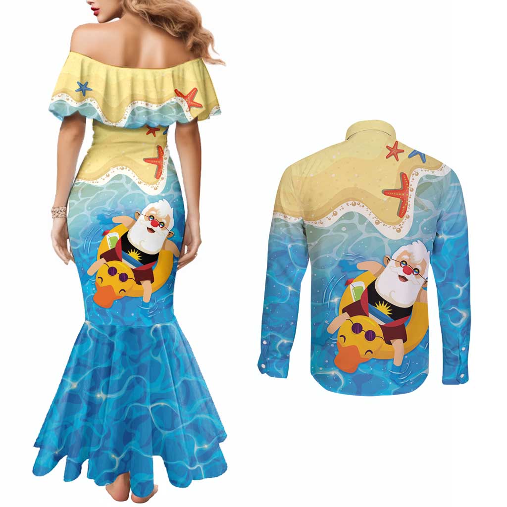 Antigua and Barbuda Christmas Couples Matching Mermaid Dress and Long Sleeve Button Shirt Chilling Santa - Wonder Print Shop