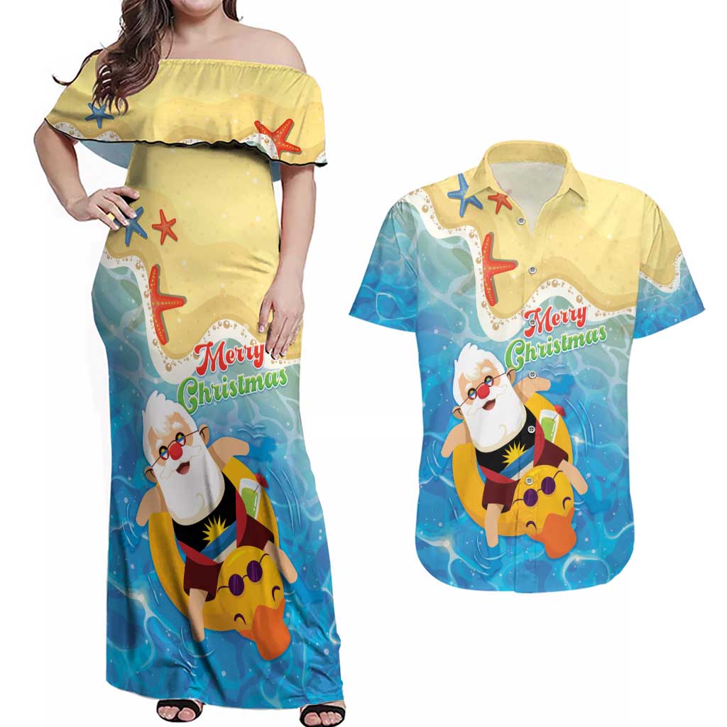 Antigua and Barbuda Christmas Couples Matching Off Shoulder Maxi Dress and Hawaiian Shirt Chilling Santa - Wonder Print Shop