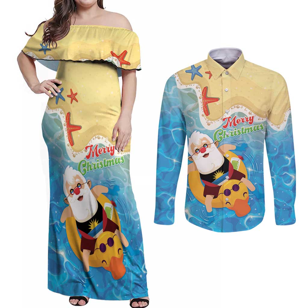 Antigua and Barbuda Christmas Couples Matching Off Shoulder Maxi Dress and Long Sleeve Button Shirt Chilling Santa - Wonder Print Shop