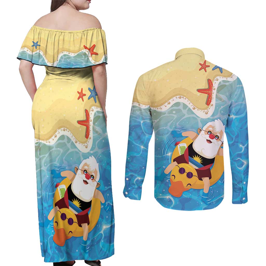 Antigua and Barbuda Christmas Couples Matching Off Shoulder Maxi Dress and Long Sleeve Button Shirt Chilling Santa - Wonder Print Shop