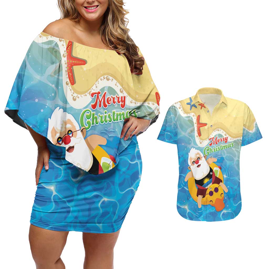 Antigua and Barbuda Christmas Couples Matching Off Shoulder Short Dress and Hawaiian Shirt Chilling Santa - Wonder Print Shop