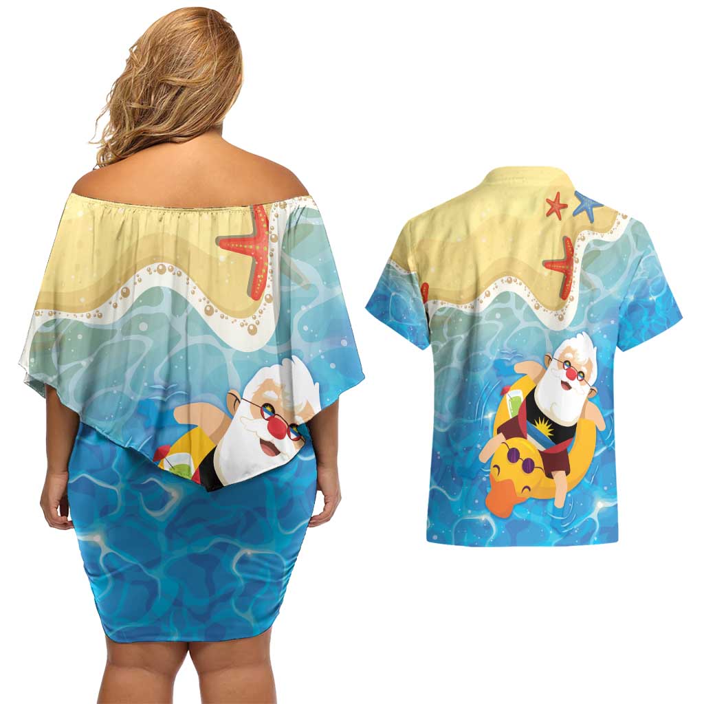 Antigua and Barbuda Christmas Couples Matching Off Shoulder Short Dress and Hawaiian Shirt Chilling Santa - Wonder Print Shop